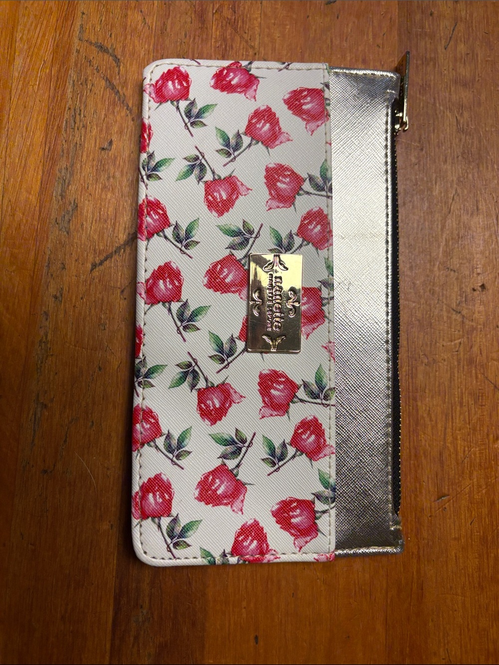 Nanette Lepore White Floral Rose Print Wallet with Gold Accent